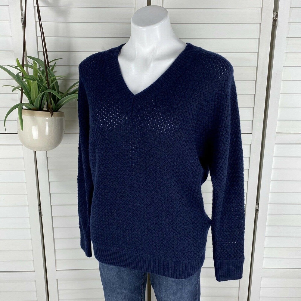 Vince. Wool Cashmere Navy Blue Basketweave Knit‎ Sweater V Neck Womens Size XS